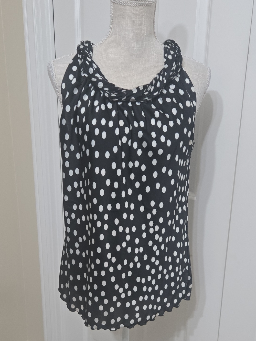 Signature by Larry Levine Black & White Polka Dot Braided-Neck Halter Like Top